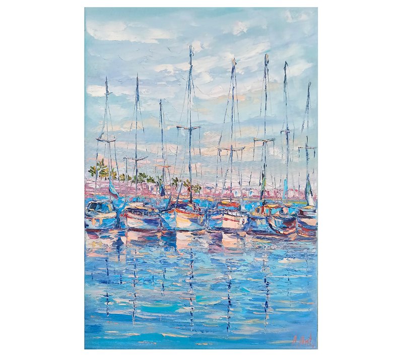 帆船绘画原创艺术加州厚涂海景船油画艺术品 - 海报/装饰画/版画 - 棉．麻 蓝色