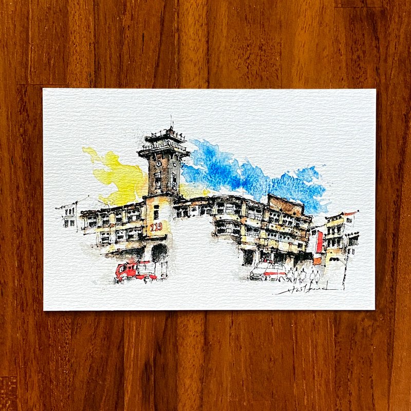 枯枝笔速写 台南景点 消防史料馆 水彩 插画 手绘明信片 - 卡片/明信片 - 纸 