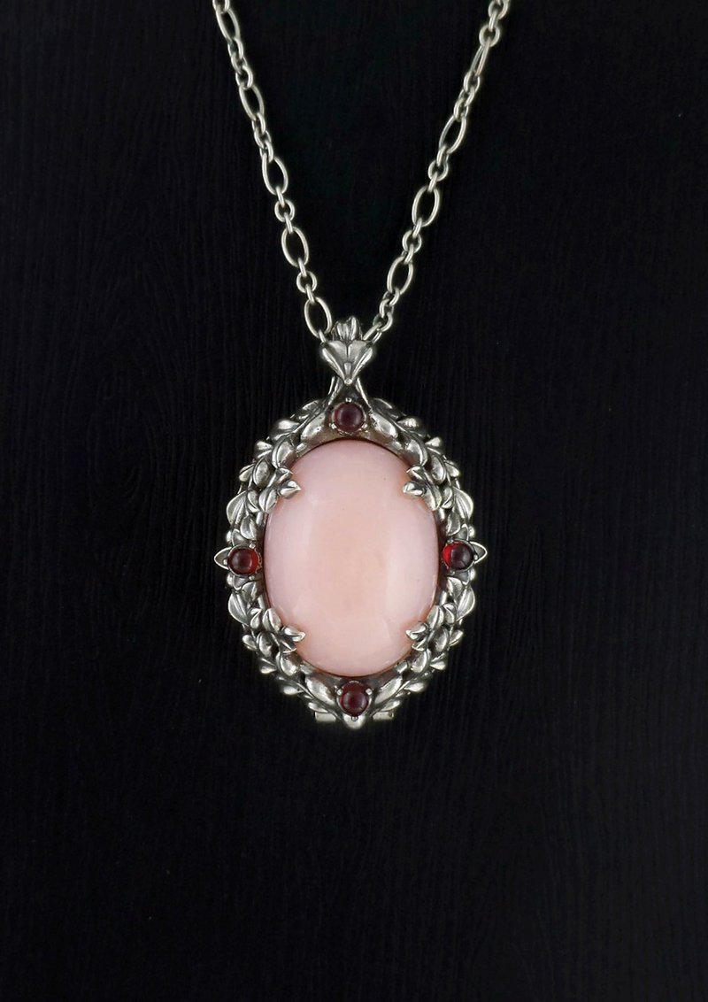 卡萝琳花园 - 蔓果系列 - 粉红蛋白石花草纯银相片盒吊坠 - 项链 - 宝石 粉红色