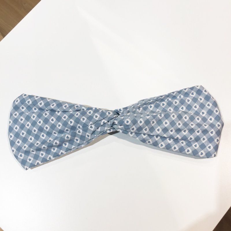 爱心格 / 白 蓝 爱心 / 宽版 松紧手工发带 - 发带/发箍 - 棉．麻 