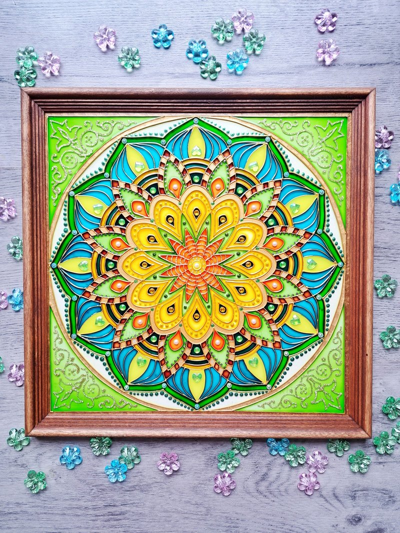 彩色玻璃曼陀罗墙上挂画玻璃瑜伽艺术禅宗礼物给她 - 墙贴/壁贴 - 玻璃 绿色