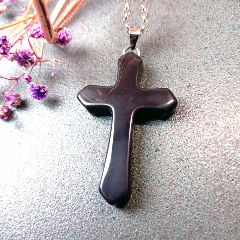 玉坠 造型玉坠-十字造型 黑曜石/简单好搭配双面可配戴/ - 项链 - 玉石 黑色