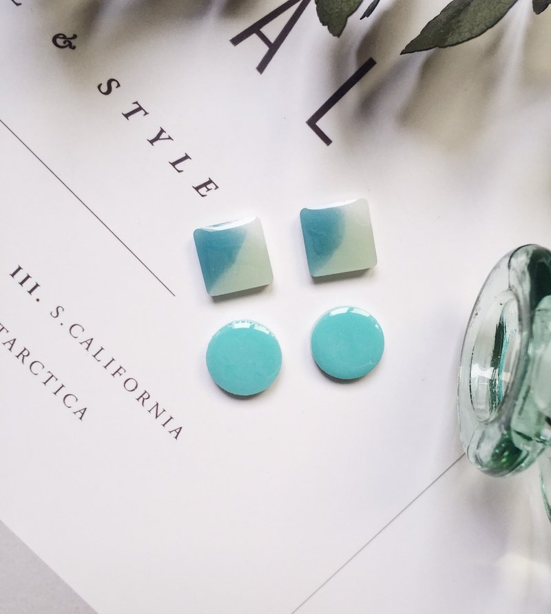 La Don  - 水生薄荷  方形圆形2件组     耳针/耳夹 - 耳环/耳夹 - 树脂 绿色