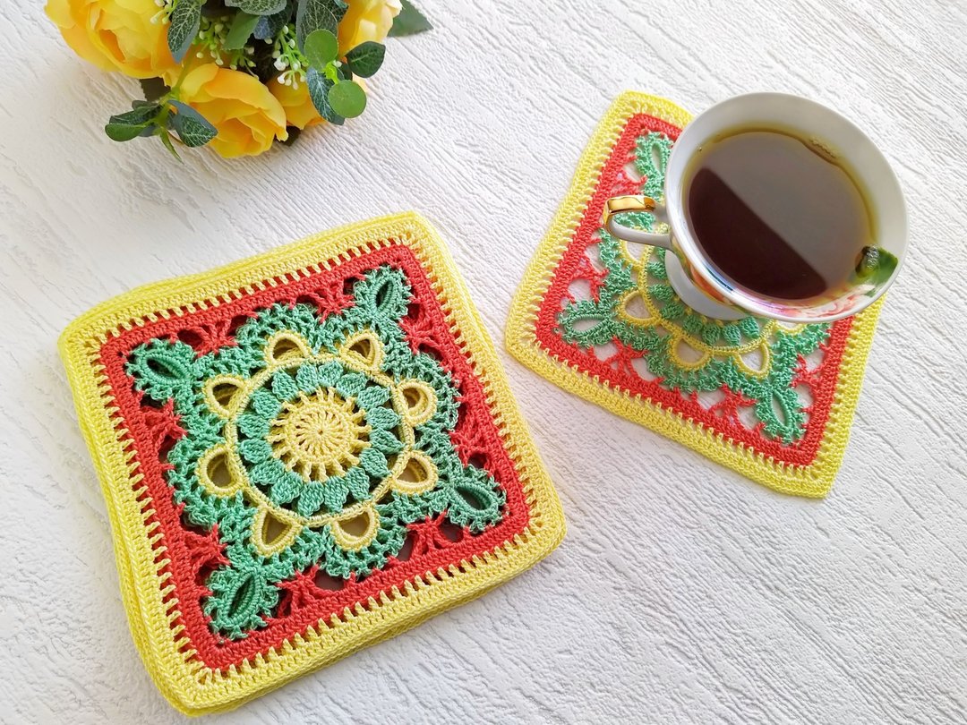 Coasters set of 2, Coasters for cups, Coasters square, 生日禮物, Doily lace coasters - 杯垫 - 棉．麻 黄色