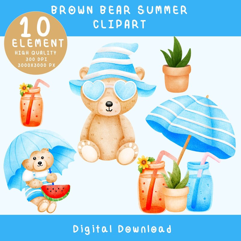 可爱的夏日熊贴纸 PNG 包 |棕熊数字贴纸 - 电子手绘真人画像/绘画/插画 - 其他材质 