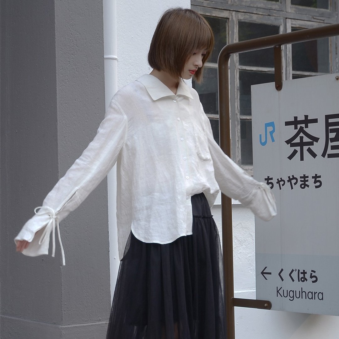 亚麻系带白衬衣|衬衫|设计师系列|亚麻|独立品牌|Sora-161 - 女装衬衫 - 棉 白色