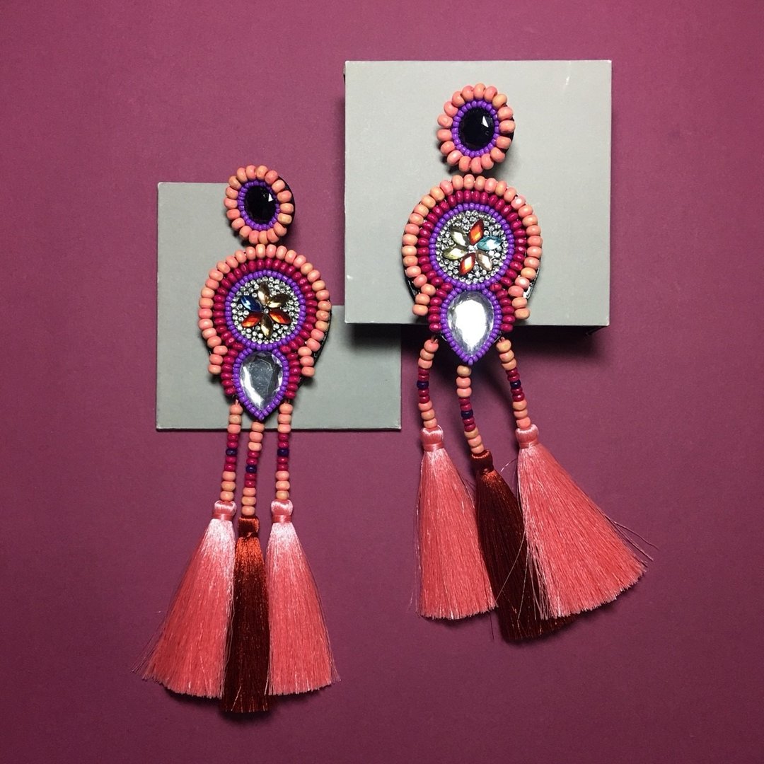 earrings: boho chic x3rd pink l red - 耳环/耳夹 - 其他材质 粉红色