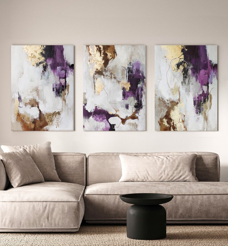 紫色抽象艺术|紫色绘画 |三联画墙壁艺术|粉红色 Flux 3 件套 - 墙贴/壁贴 - 棉．麻 紫色