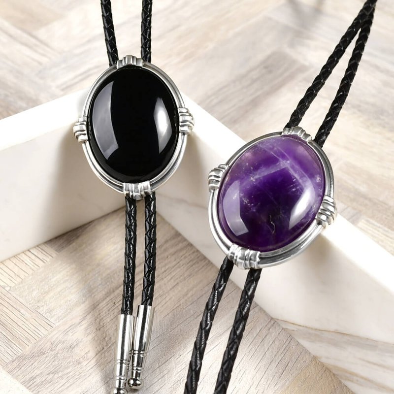 宝玺圆系列 保罗领带 Bolo Tie 真皮皮革领绳 长项链 - 领带/领带夹 - 真皮 银色