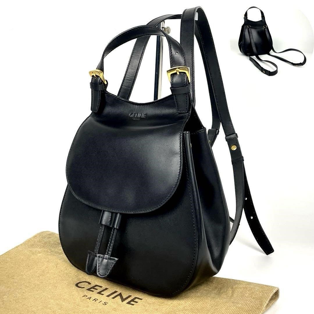 【LA LUNE】稀有中古二手Celine黑金色皮革小后背包囊单双肩手袋 - 后背包/双肩包 - 真皮 黑色