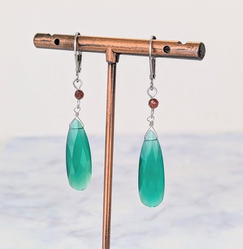 天然宝石耳环　绿玛瑙 × 石榴石 - 耳环/耳夹 - 宝石 