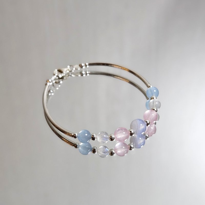 浪漫系列 s925纯银 粉晶 月光石 海蓝宝 蓝纹玛瑙手链 | 手作定制 - 手链/手环 - 纯银 