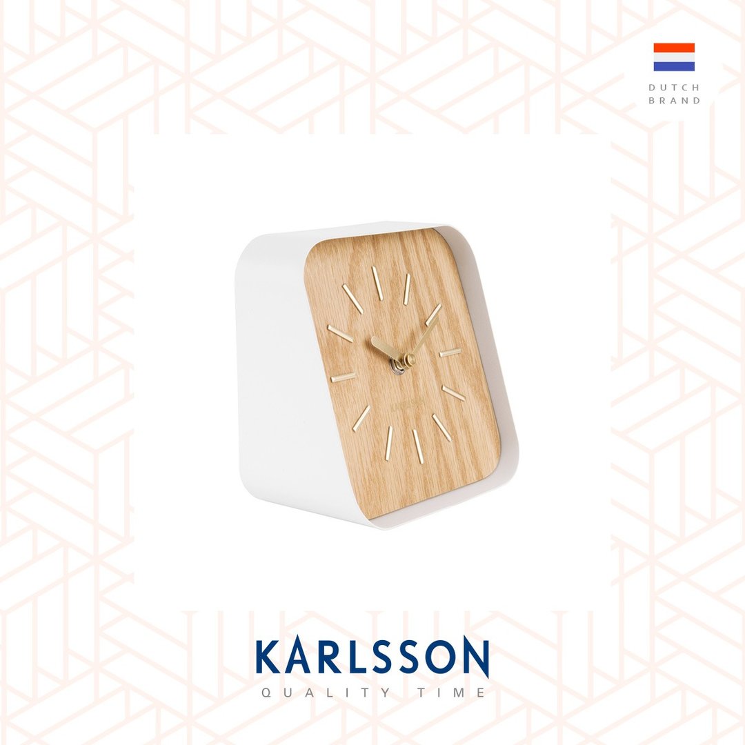 荷兰Karlsson, Table clock Squared white steel natural wood - 时钟/闹钟 - 木头 咖啡色