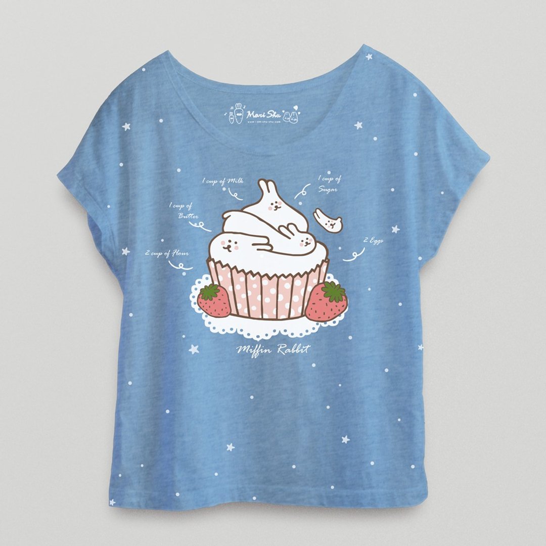 麻糬兔马芬蛋糕 T-shirt - 女装短裤 - 棉 蓝色