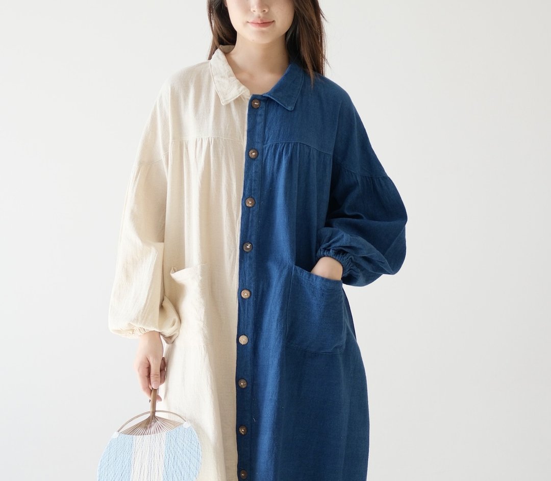 【手工蓝染】超寬鬆大袖子/襯衫式連衣裙 - 洋装/连衣裙 - 棉 蓝色