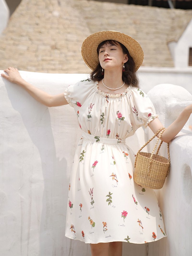MintCheese独立设计 复古花卉图鉴印花 简约凉快夏日浪漫连衣裙 - 洋装/连衣裙 - 其他人造纤维 白色