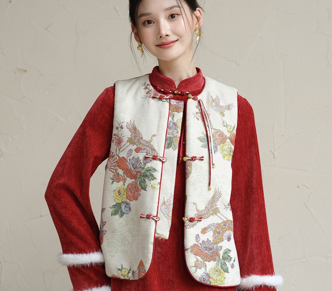 【纳福红裳】新中式復古风/金丝提花夹棉背心/連衣裙 - 女装背心 - 其他材质 红色