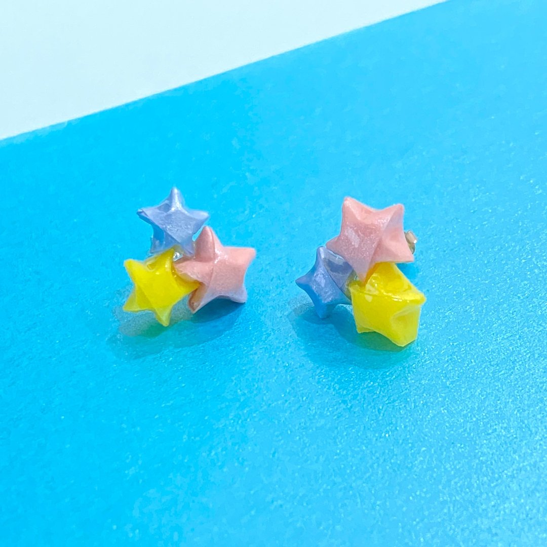 星星耳环 立体幸运星925银耳环/耳夹 | 棉花糖 - 耳环/耳夹 - 纯银 多色