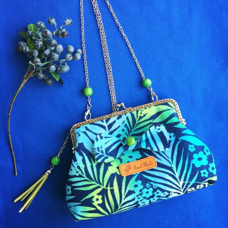 热带民族风情木头珠子碎花蝴蝶结流苏绿蓝黄渐变色花朵树叶印花棉布贵妇复古典浪漫甜美气质手工大包口金包单肩斜背链条包零钱包小手袋晚宴手拿布包手机袋化妆包收纳包 - 手拿包 - 棉．麻 