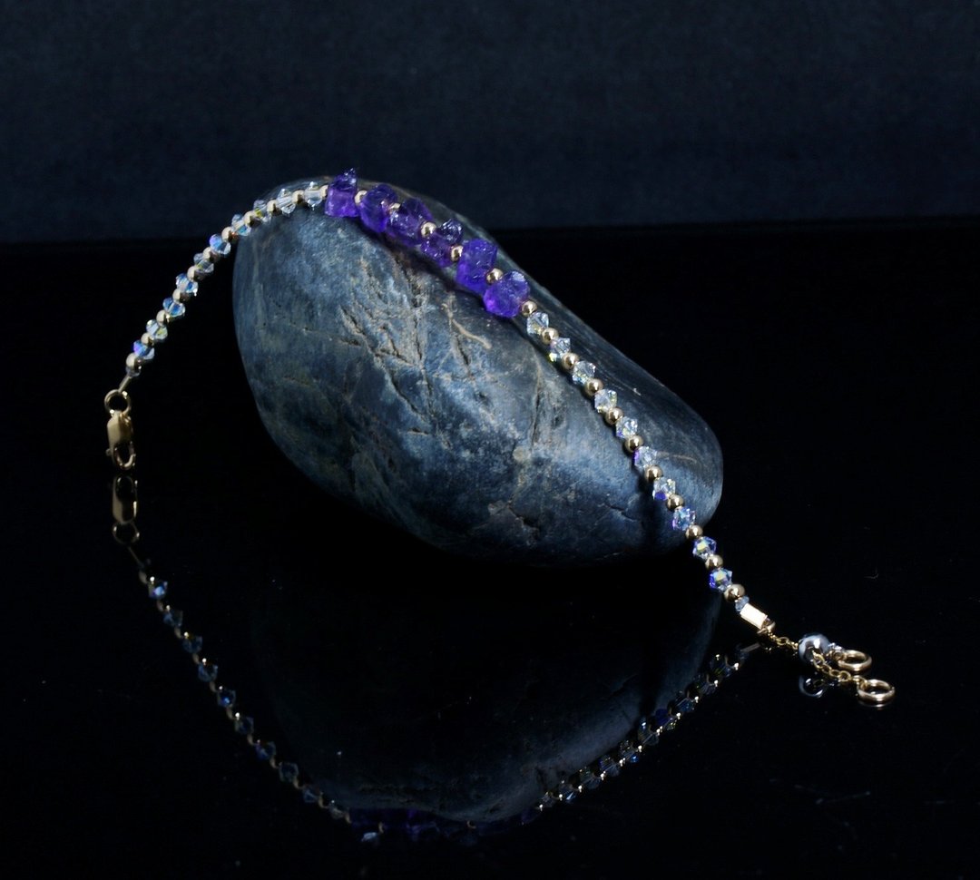 曰本 Cenfill 钢丝 紫水晶原矿 14K包金 GF Swarovski 水晶手链 - 手链/手环 - 宝石 