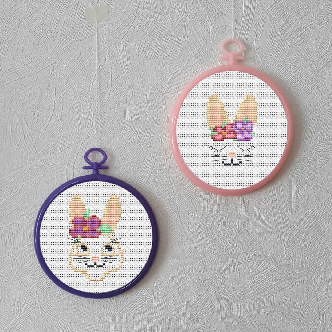 Set of 2 Easter cross stitch pattern pdf, Rabbit embroidery DIY Design digital - 编织/刺绣/羊毛毡/裁缝 - 绣线 多色