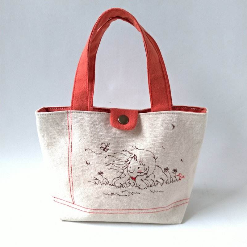 手工车绣插画小提包 女孩--托特包  手提包 - 手提包/手提袋 - 棉．麻 白色