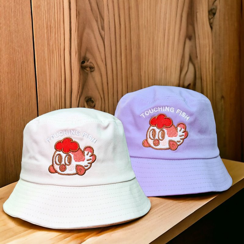 Kingnekosan 金鱼仔摸鱼可爱刺绣渔夫帽 Bucket Hat - 帽子 - 棉．麻 白色