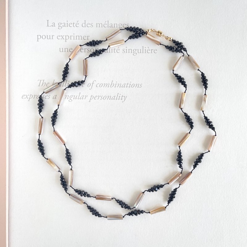 珍珠母贝与黑玛瑙编绳长项链 双圈 设计 - 长链 - 半宝石 多色