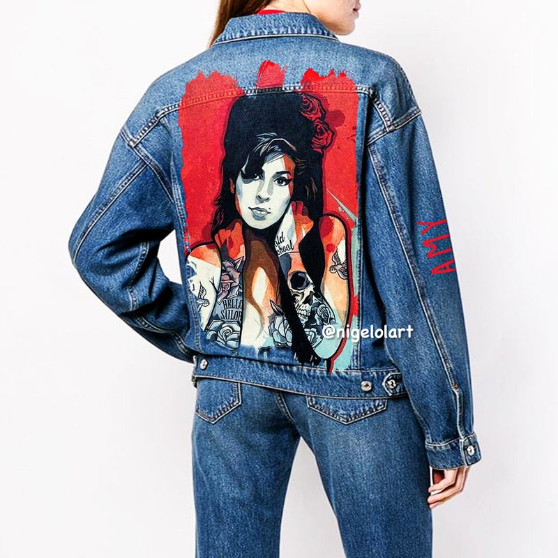 手绘丹宁夹克 Amy Winehouse 订制夹克 礼物 个性化夹克 - 女装休闲/机能外套 - 棉．麻 多色