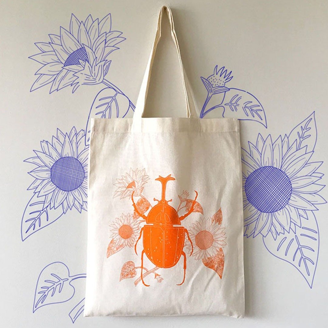 Organic Tote Bag  // Screen Print // Japanese Rhinoceros Beetle // Orange - 手提包/手提袋 - 棉 橘色