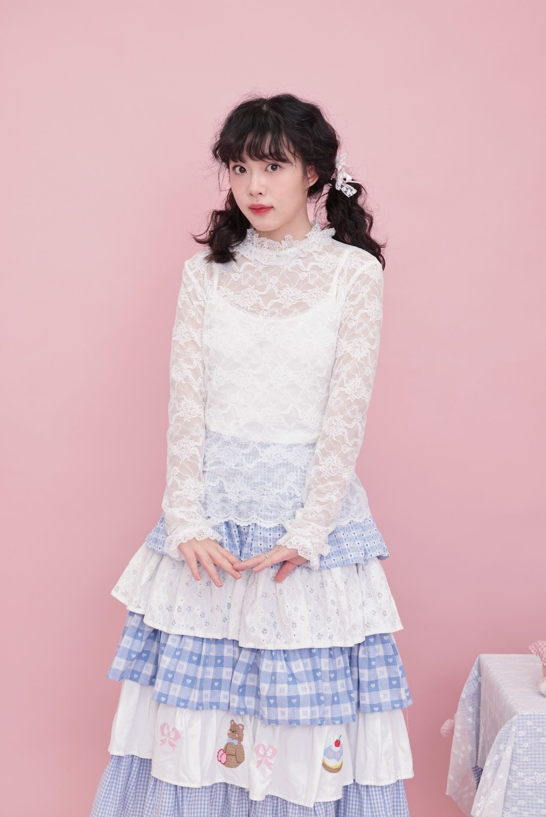 甜美少女 花边玫瑰蝴蝶结 蕾丝上衣 - 女装上衣 - 其他材质 白色