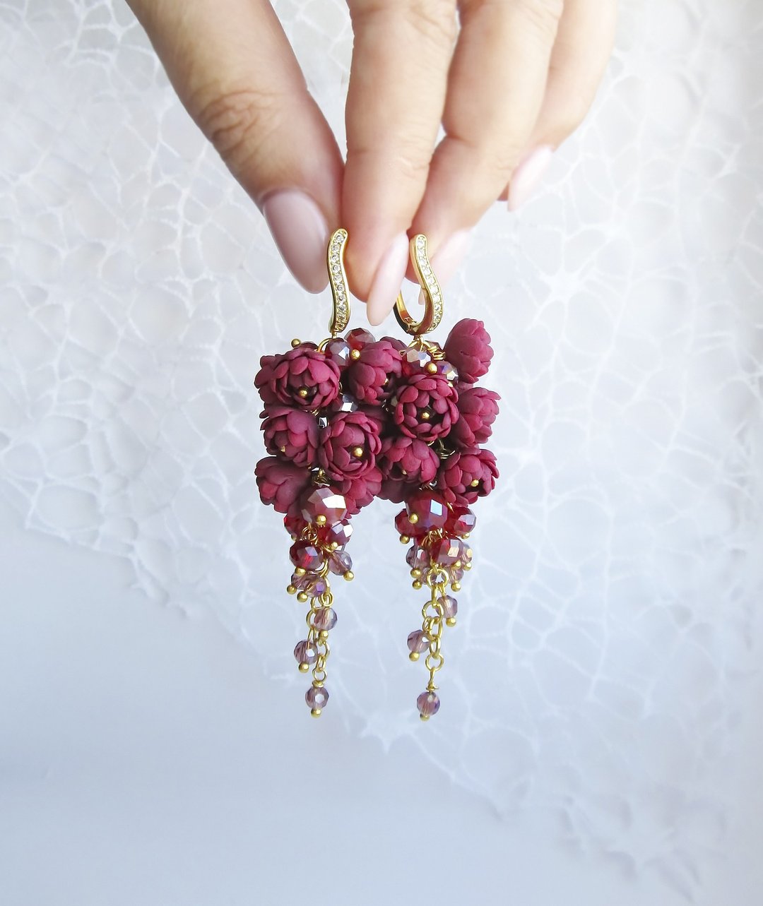 Burgundy peonies Earrings peonies Long earrings flowers polymer clay Marsala - 耳环/耳夹 - 粘土 紫色