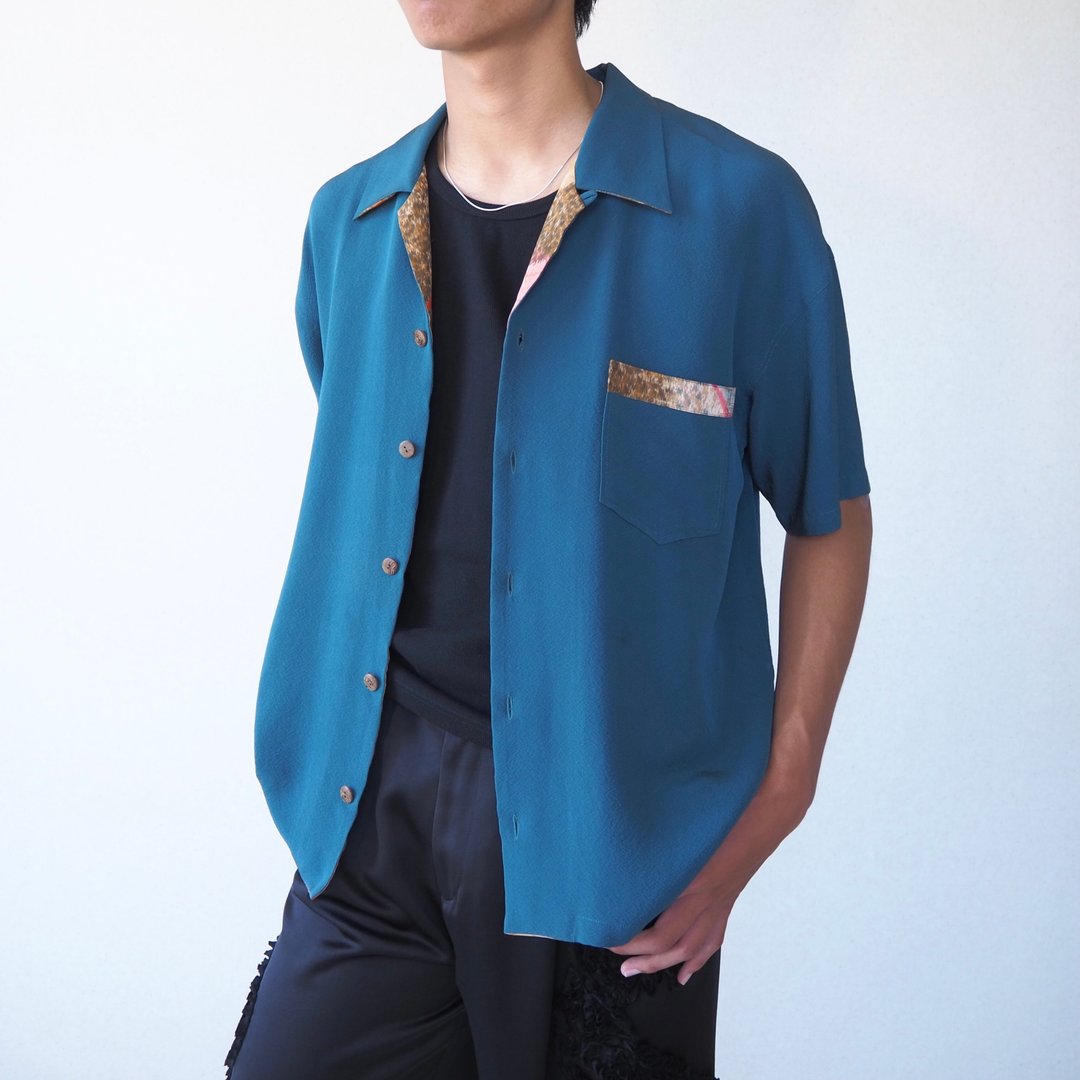 【日本制造】丝绸和服升级改造男式衬衫 L、独一无二、青绿色 - 男装衬衫 - 丝．绢 