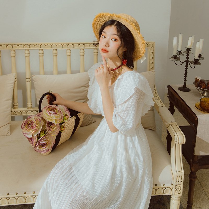 法式复古白色洋装连衣裙女夏2020新款收腰显瘦 - 洋装/连衣裙 - 聚酯纤维 白色