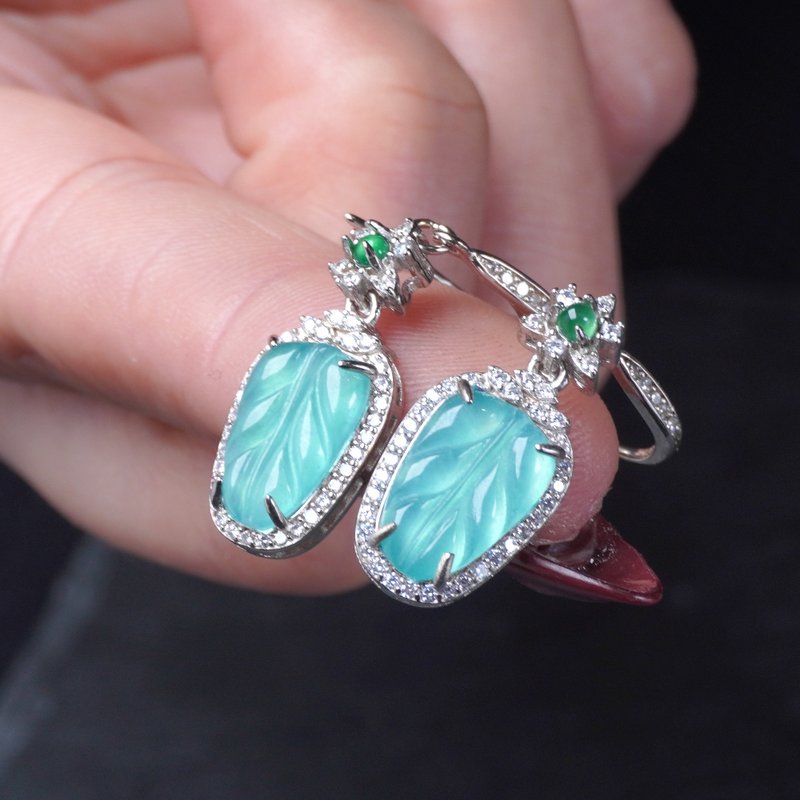 冰种蓝水翡翠叶子耳环 925纯银镶嵌 | 天然A货翡翠 | 送礼 - 耳环/耳夹 - 玉石 蓝色
