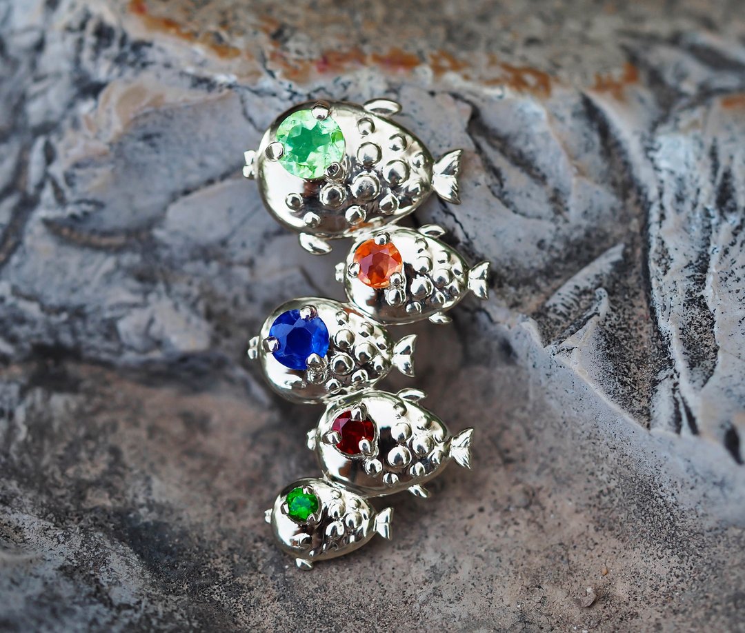 School of fish pendant with tourmaline, sapphires, chrome diopside and garnet - 项链 - 贵金属 金色