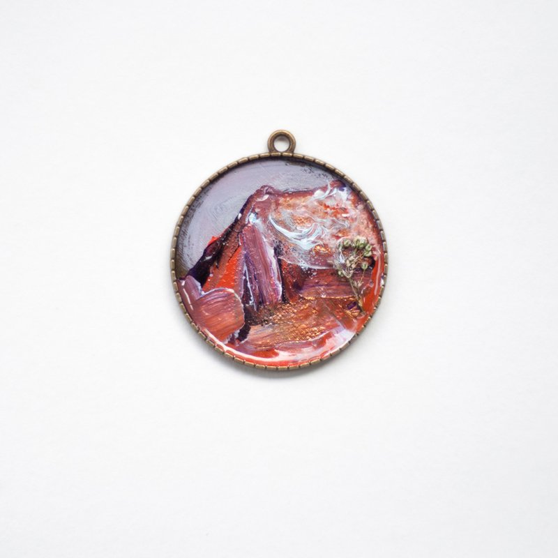 雪山印象_橘色_原创油画_吊坠_印象派_迷你艺术品彩绘首饰 - 项链 - 纸 橘色