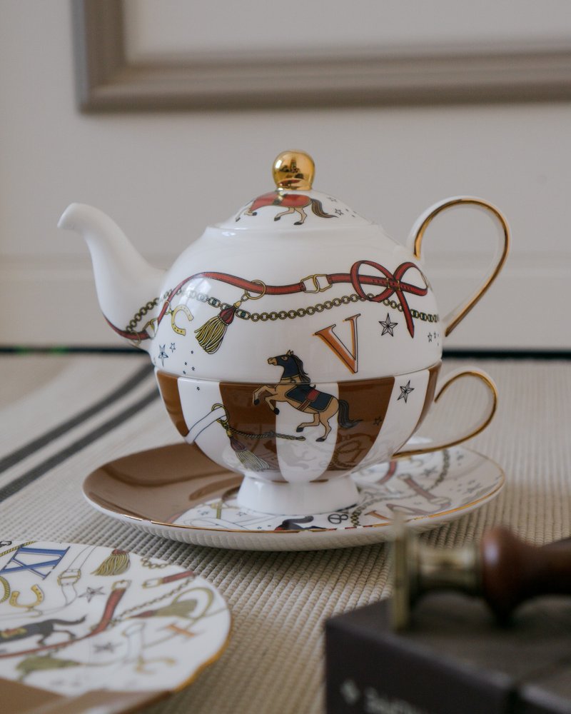 贵族马术图案 骨瓷独享茶壶、茶杯 及甜品碟套装 - 茶具/茶杯 - 瓷 咖啡色