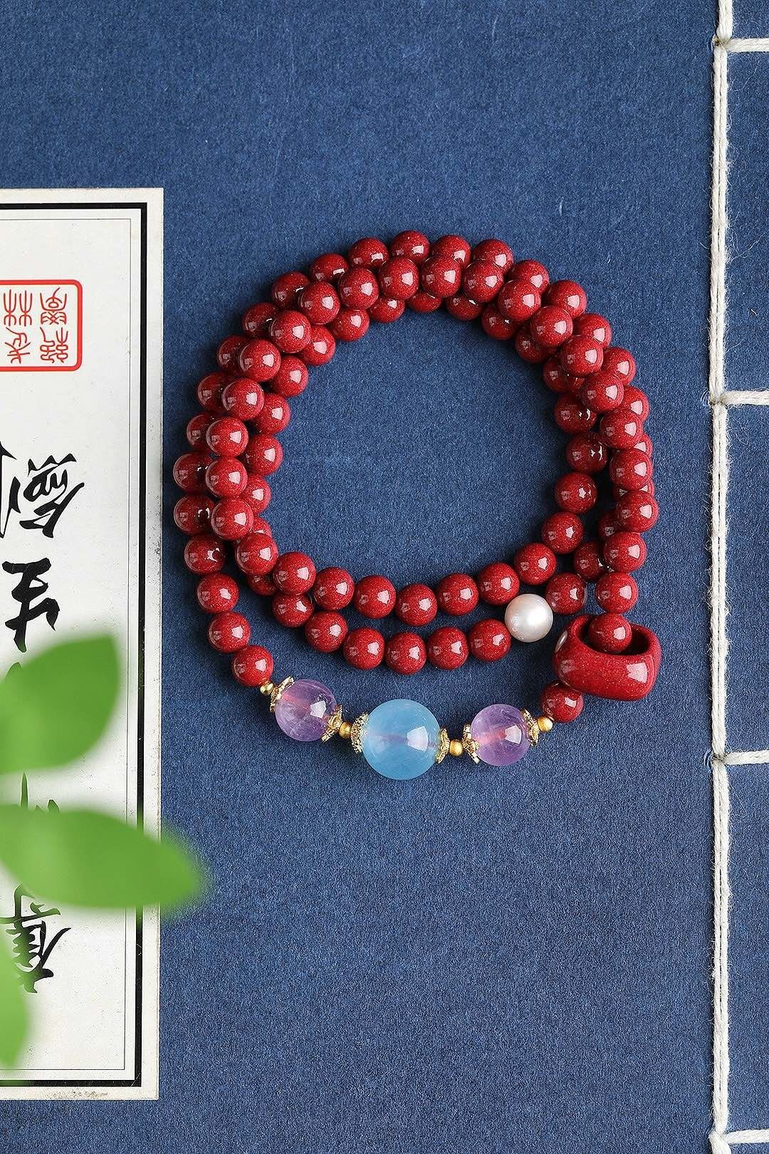 天然原矿朱砂精品紫金砂三圈手链含量95%以上6mm - 手链/手环 - 宝石 