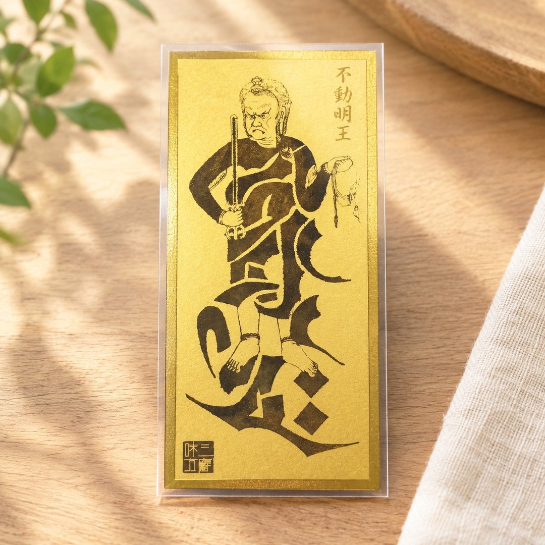 不动明王符 / 坚定意志与守护 / 金箔和纸・桧木底座 - 其他 - 其他材质 金色