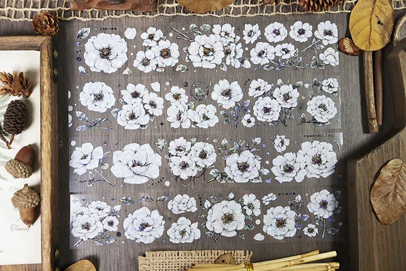 OKMT新七天 咕卡贴纸PET手帐手账胶带 花卉特材 复古白蔷薇 整卷 - 纸胶带 - 塑料 白色