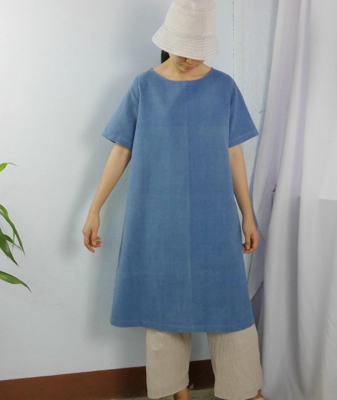 Handwoven cotton Boat collar dress (light blue) - 洋装/连衣裙 - 棉 蓝色