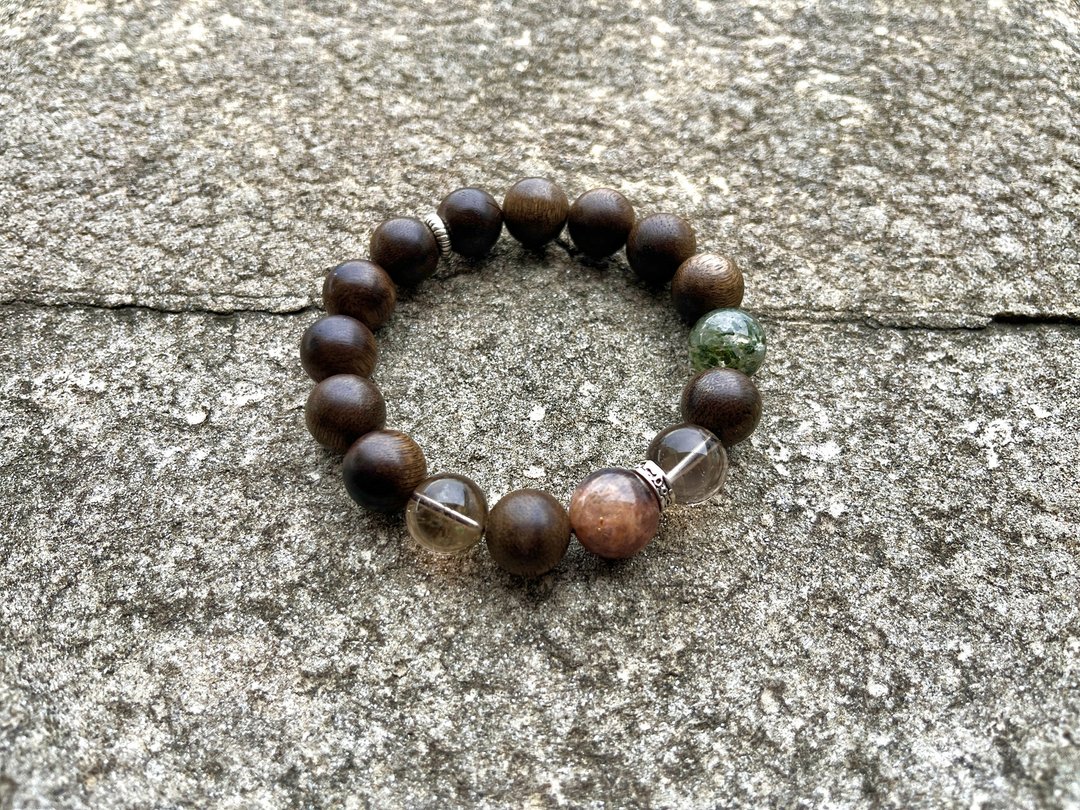 13mm天然加里曼丹沈香珠/沉香珠 茶晶星辉骨干设计单圈手串 - 手链/手环 - 木头 咖啡色
