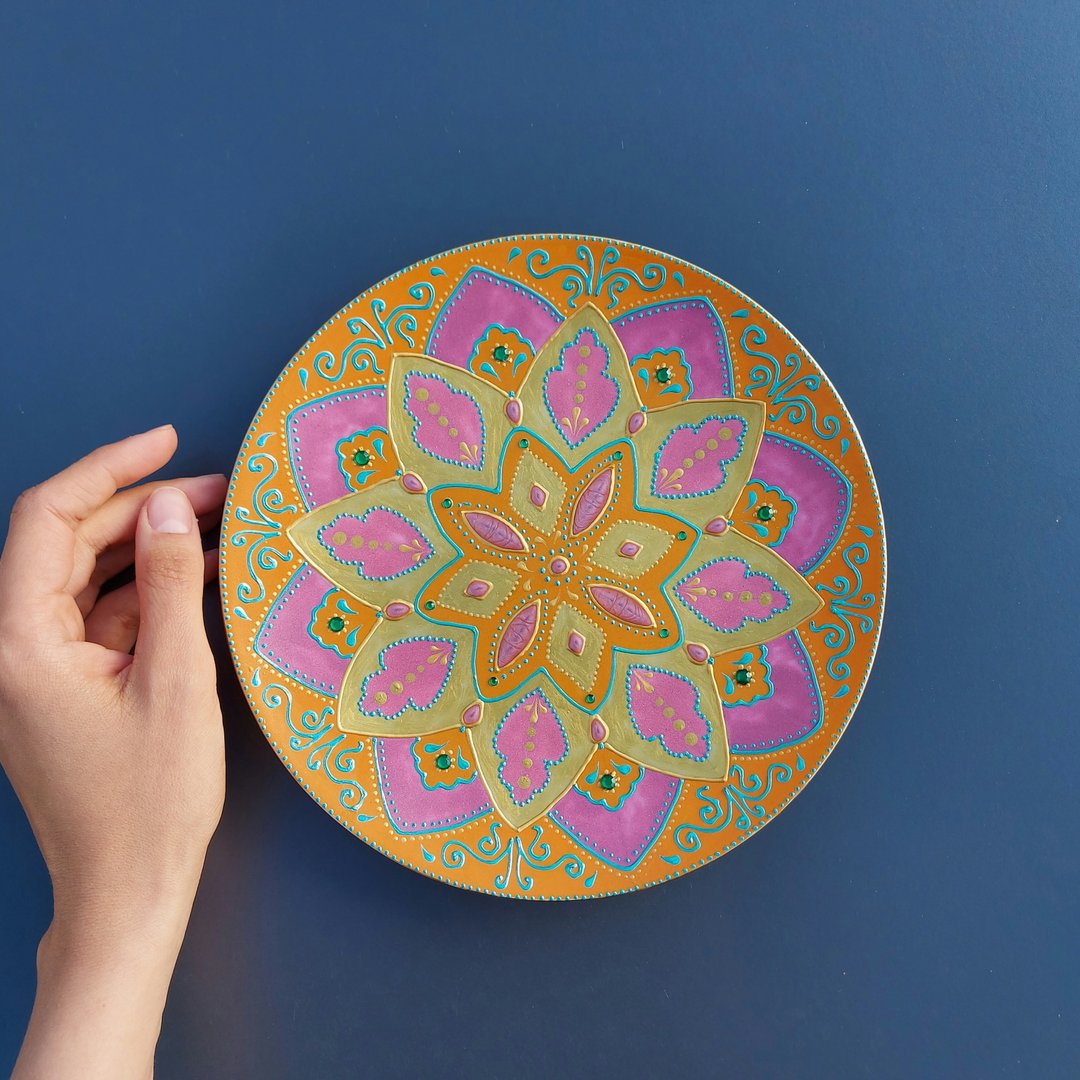 Orange and pink mandala plate - 墙贴/壁贴 - 陶 橘色