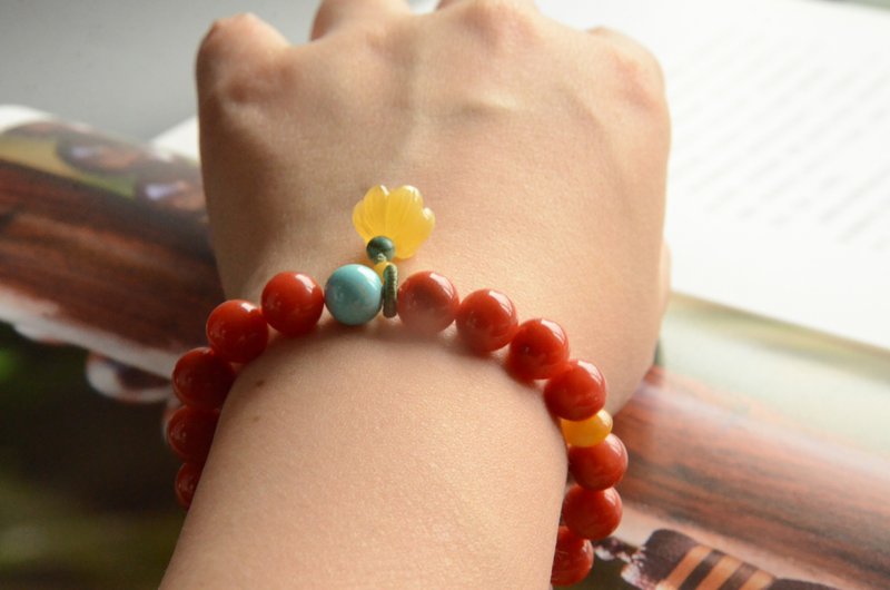 【撷吉】天然南红手串手链绿松石琥珀莲花 - 手链/手环 - 宝石 红色