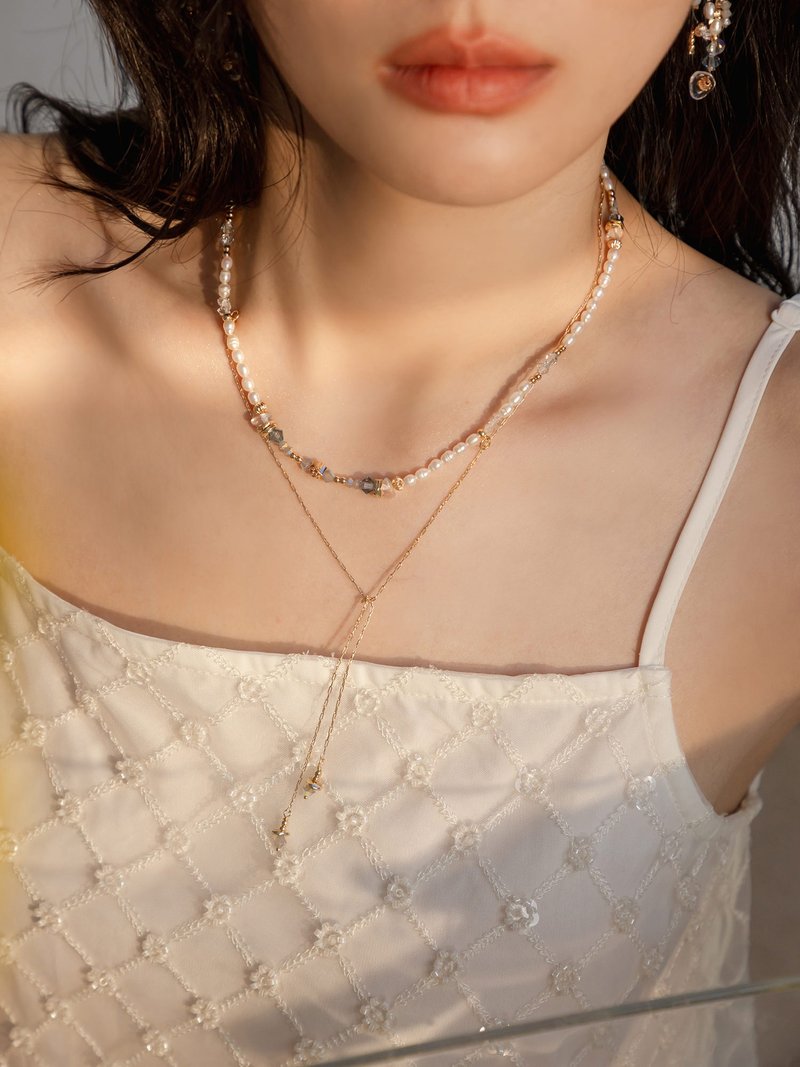 隐鹿白月光。MUCHAT 手作 14KGP 施华洛水晶珍珠星星项链 - 项链 - 其他金属 金色