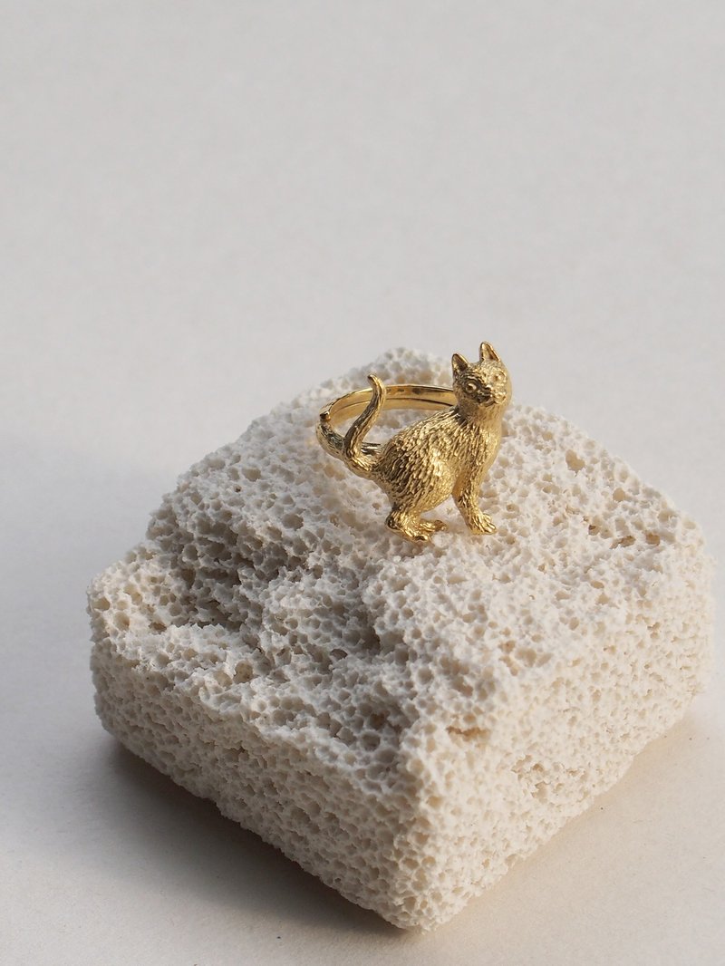 站立猫戒指，925纯银，猫咪戒指，银猫戒指，可堆叠戒指 - 戒指 - 其他材质 金色