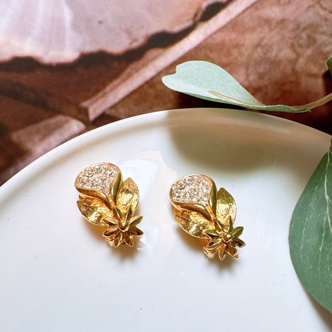【西洋古董饰品】欧洲精美天然花果叶脉掐丝 莱茵生命 耳环耳夹 - 耳环/耳夹 - 贵金属 金色