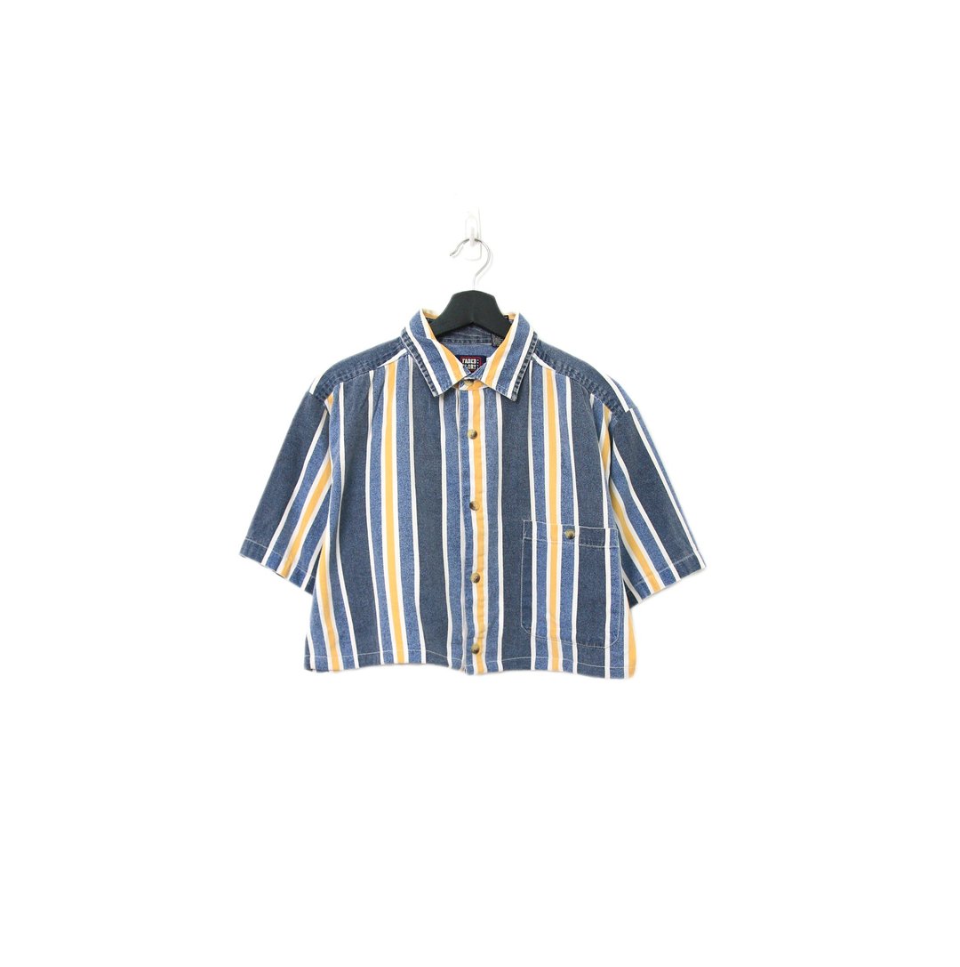 Back to Green-再制条纹短板衬衫 丹宁蓝黄ds-12//vintage shirt - 女装衬衫 - 棉 