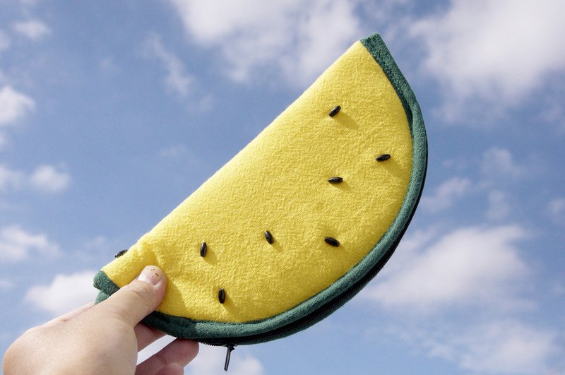 圣诞节礼物 交换礼物 手工限量 手工棉布西瓜手机袋 / 西瓜手机套 / 造型零钱包 / 西瓜小包 / 西瓜悠游卡套 / 旅行包 / 造型手机包 - 有籽的小玉西瓜 黄色西瓜 - 手机壳/手机套 - 棉．麻 黄色